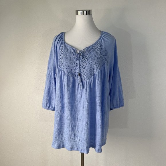 Faded Glory Womans Blouse Top 2X 18W 20W Blue 3/4 Sleeve Embroidered Tassels - Picture 1 of 12